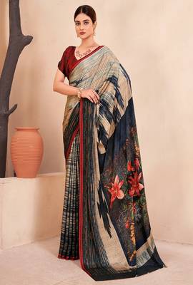 grey multicolor printed crepe saree with blouse 1