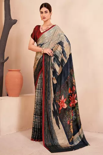 grey multicolor printed crepe saree with blouse