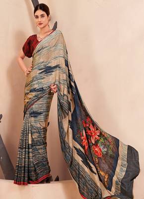 grey multicolor printed crepe saree with blouse 2