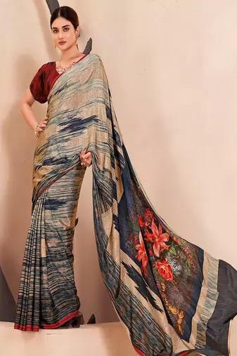 grey multicolor printed crepe saree with blouse