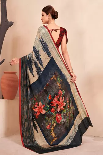 grey multicolor printed crepe saree with blouse