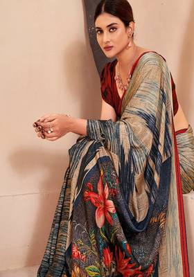 grey multicolor printed crepe saree with blouse 4