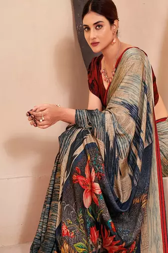 grey multicolor printed crepe saree with blouse