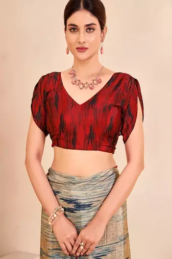 grey multicolor printed crepe saree with blouse