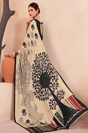 black printed crepe saree with blouse