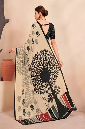 black printed crepe saree with blouse