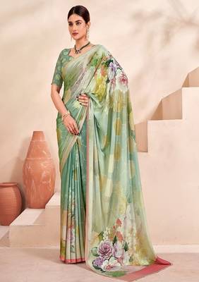 green premium printed crepe saree with blouse 1