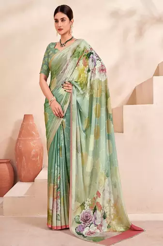 aqua green or premium printed saree with blouse