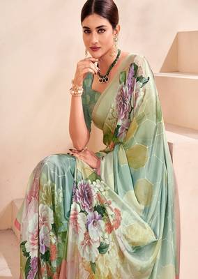 green premium printed crepe saree with blouse 2