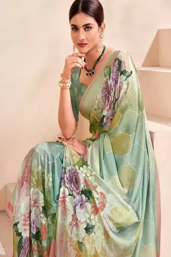 green premium printed crepe saree with blouse
