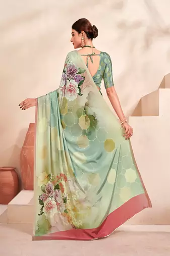 green premium printed crepe saree with blouse