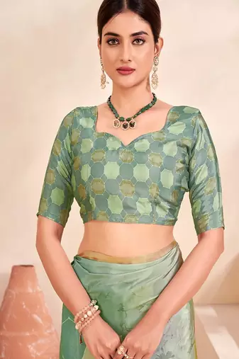 green premium printed crepe saree with blouse
