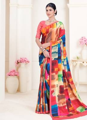 multicolor printed crepe saree with blouse for women 1