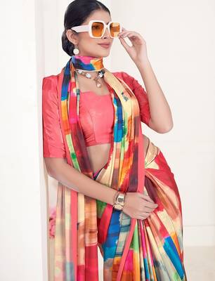 multicolor printed crepe saree with blouse for women 2