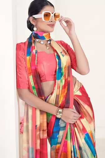 multicolor printed crepe saree with blouse for women