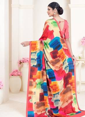 multicolor printed crepe saree with blouse for women 3