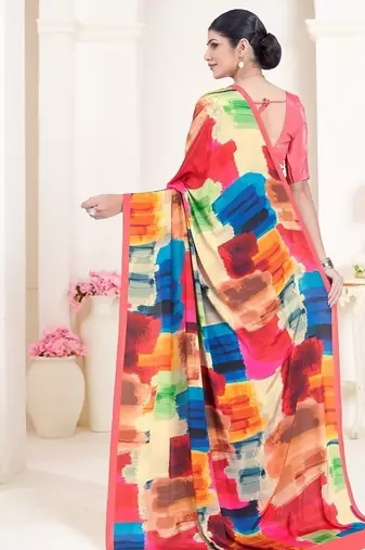 multicolor printed crepe saree with blouse for women