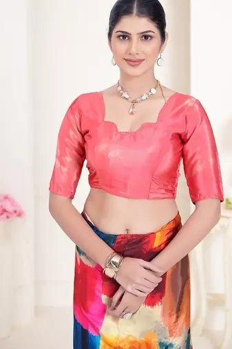 multicolor printed crepe saree with blouse for women