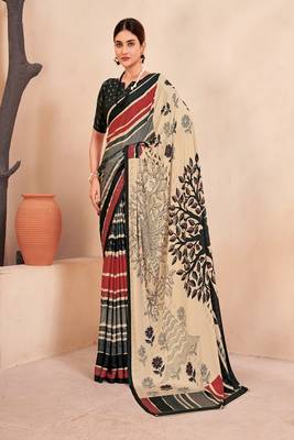 black printed crepe saree with blouse 4