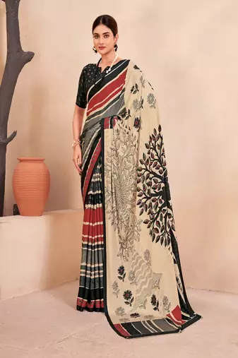 black printed crepe saree with blouse