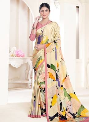 yellow premium printed crepe saree with unstitched blouse 1