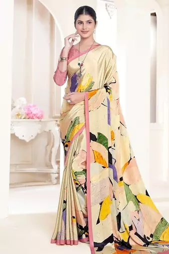 yellow premium printed crepe saree with unstitched blouse