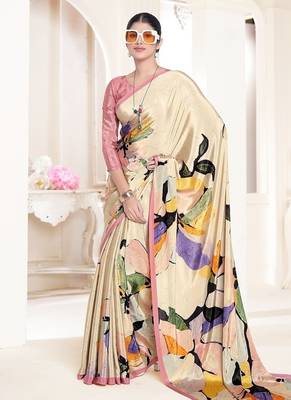 yellow premium printed crepe saree with unstitched blouse 2