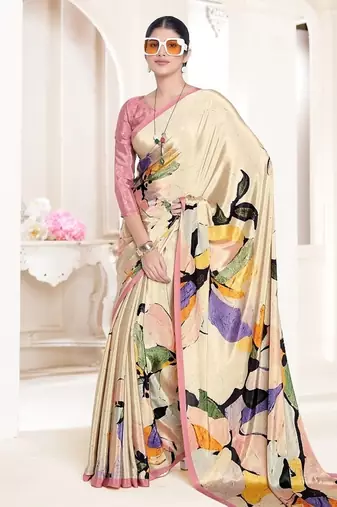 yellow premium printed crepe saree with unstitched blouse