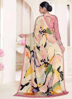 yellow premium printed crepe saree with unstitched blouse 3