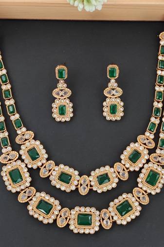 Royal green stone double layer necklace set with earrings