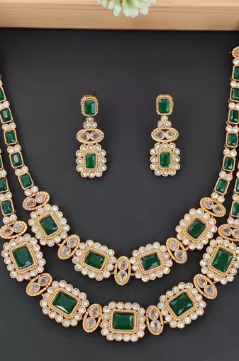 Royal green stone double layer necklace set with earrings