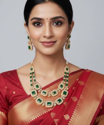 royal green stone double layer necklace set 2