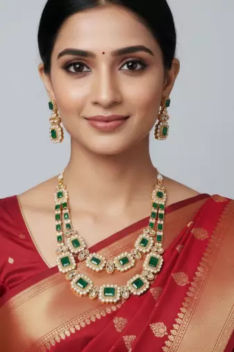 royal green stone double layer necklace set