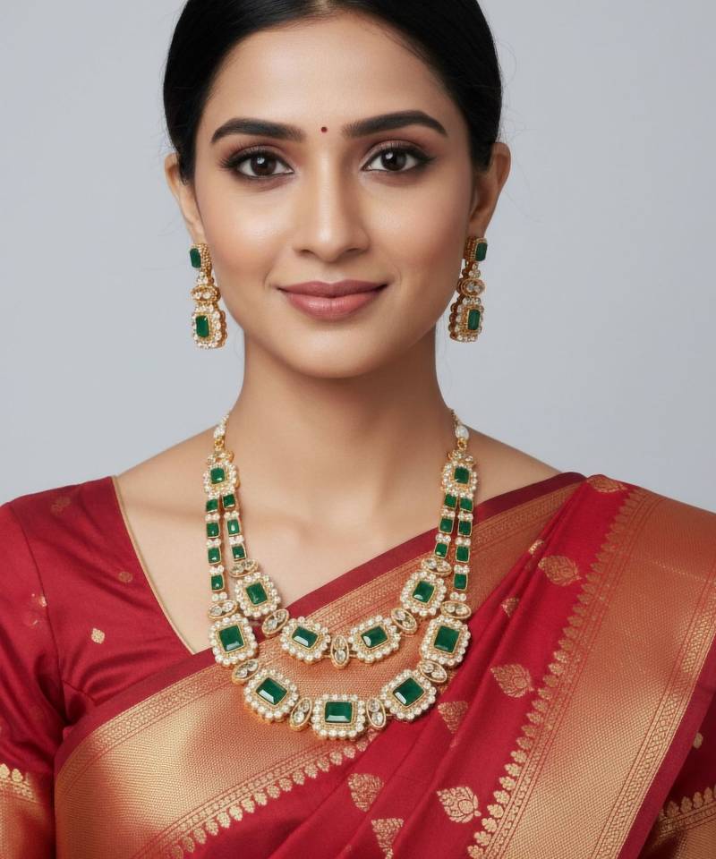 Royal green stone double layer necklace set with earrings