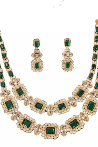 royal green stone double layer necklace set