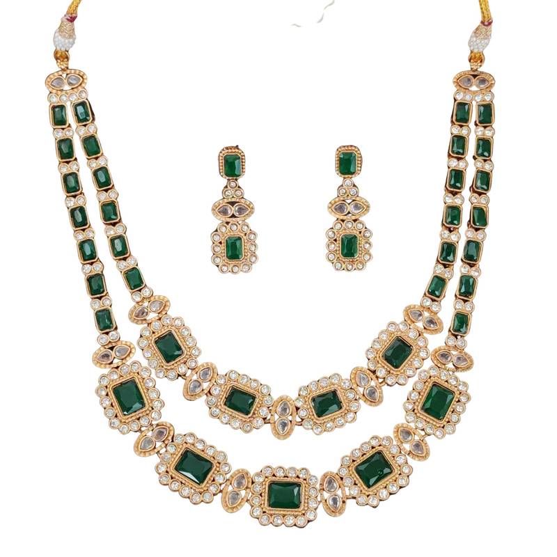 Royal green stone double layer necklace set with earrings