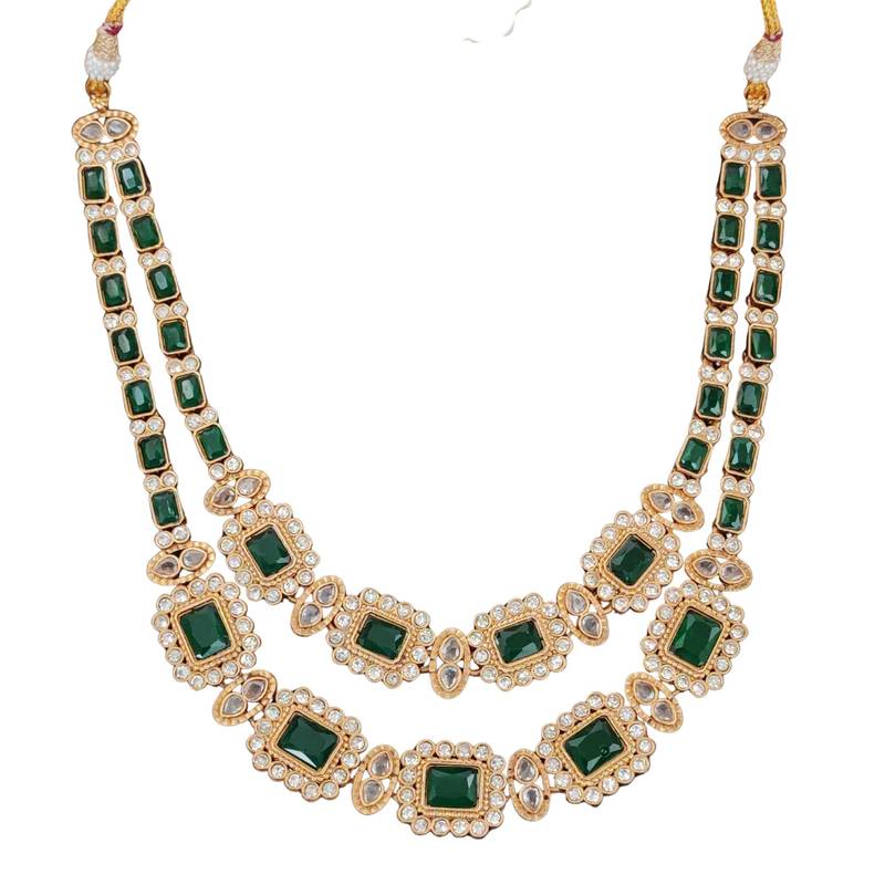 Royal green stone double layer necklace set with earrings