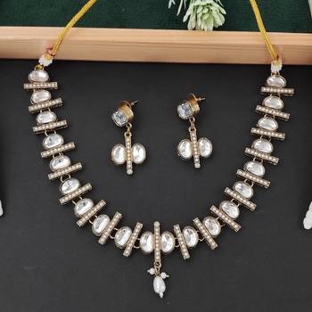 elegant kundan polki necklace set with white stones 1