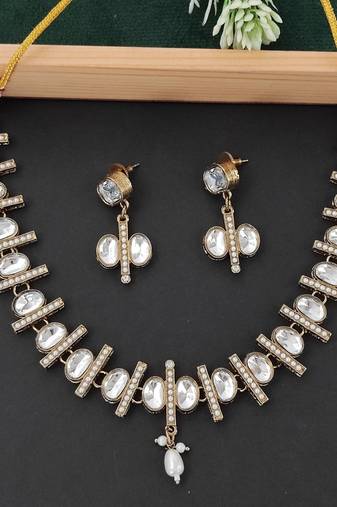 kundan polki necklace set with crystal white stones, rich gold finish and matching earrings