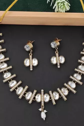 kundan polki necklace set with crystal white stones, rich gold finish and matching earrings