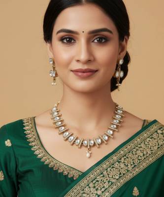 elegant kundan polki necklace set with white stones 2