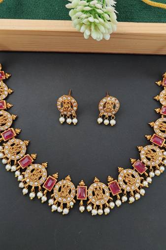 Traditional lakshmi coin necklace set with ruby stones and pearls