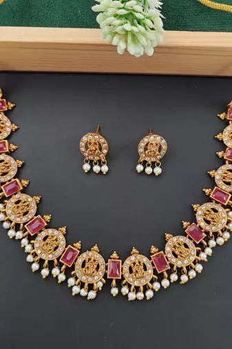 Traditional lakshmi coin necklace set with ruby stones and pearls