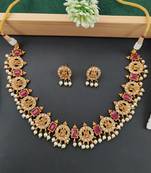 Traditional lakshmi coin necklace set with ruby stones and pearls
