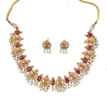 traditional lakshmi coin necklace set with ruby accents 2