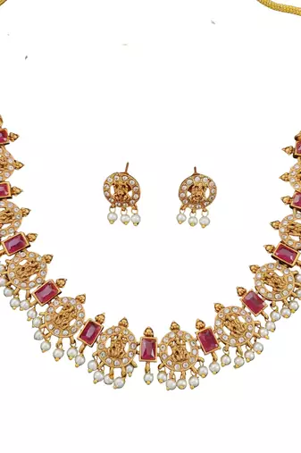 traditional lakshmi coin necklace set with ruby accents