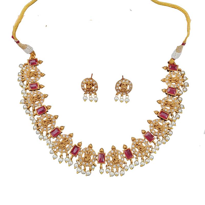 Traditional lakshmi coin necklace set with ruby stones and pearls