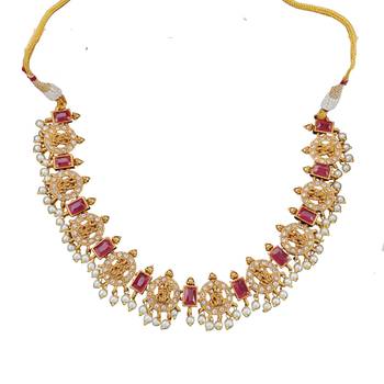 traditional lakshmi coin necklace set with ruby accents 3