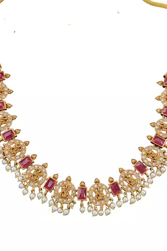 traditional lakshmi coin necklace set with ruby accents