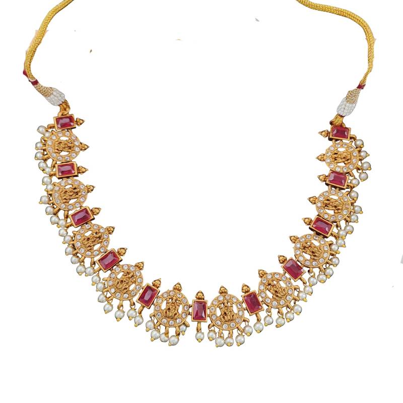 Traditional lakshmi coin necklace set with ruby stones and pearls